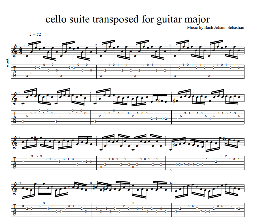 Johann Sebastian Bach cello suite transposed for guitar C major sheet music for guitar